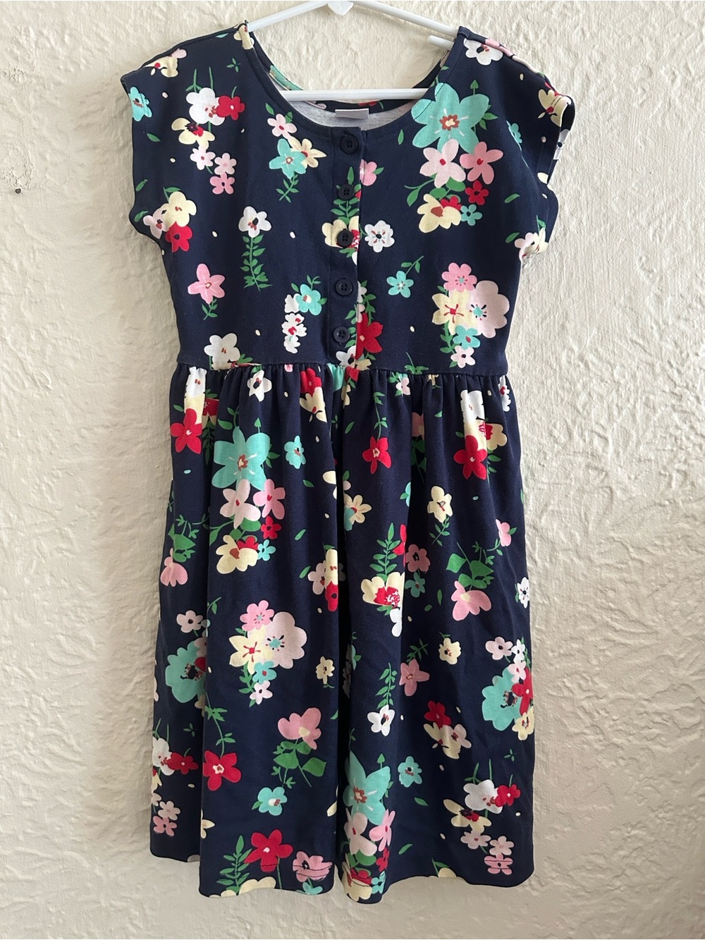 Hanna Andersson Day Play Girls Navy Blue Floral Button Front Cap Sleeves Dress 8